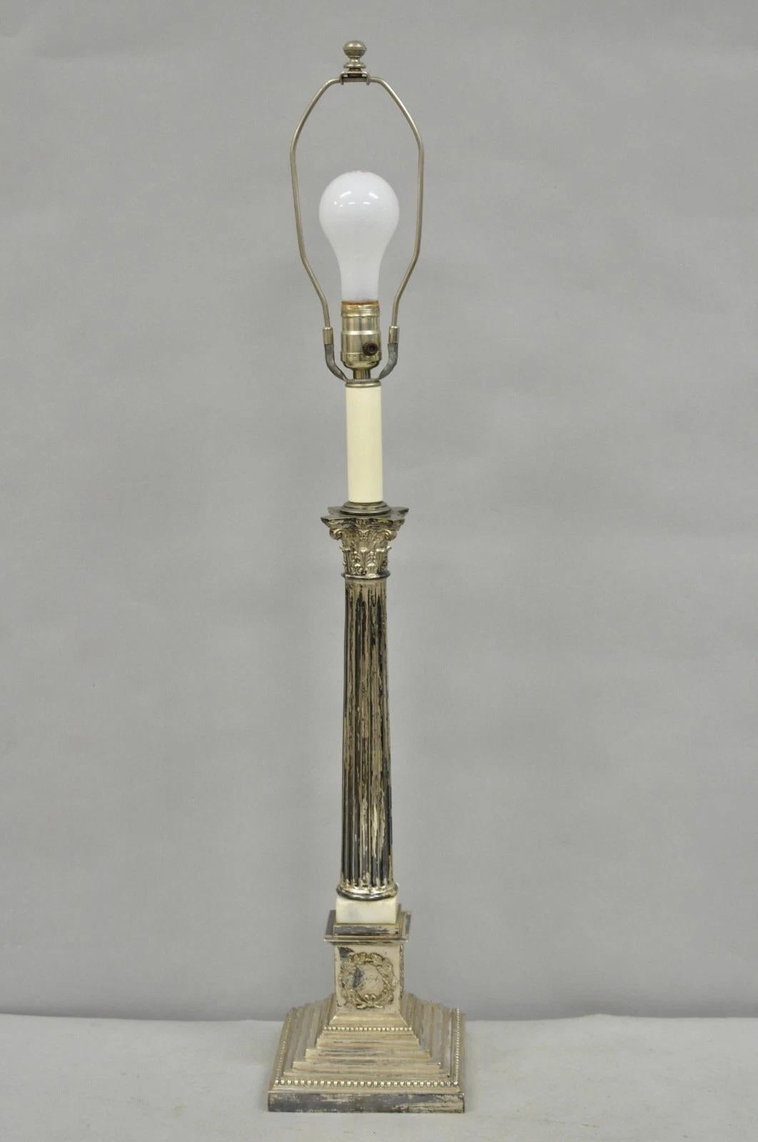 Antique French Empire Silver Plated Corinthian Column Candlestick Table Lamp For Sale 7