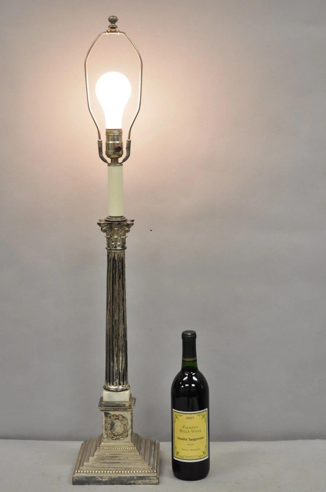 Antique French Empire English Silver Plated Corinthian Column Candlestick Table Lamp w/ Marble Insert, Stepped Base and Wreath Design. Circa Late 19th Century. Measurements: 35