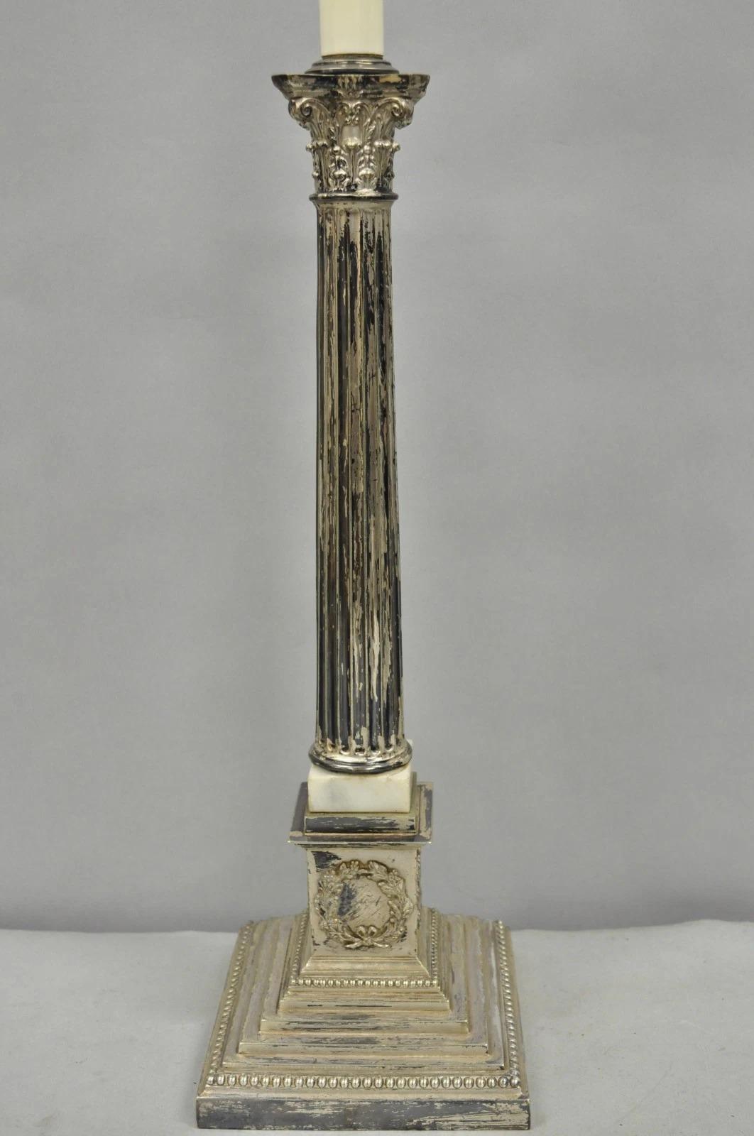 Unknown Antique French Empire Silver Plated Corinthian Column Candlestick Table Lamp For Sale