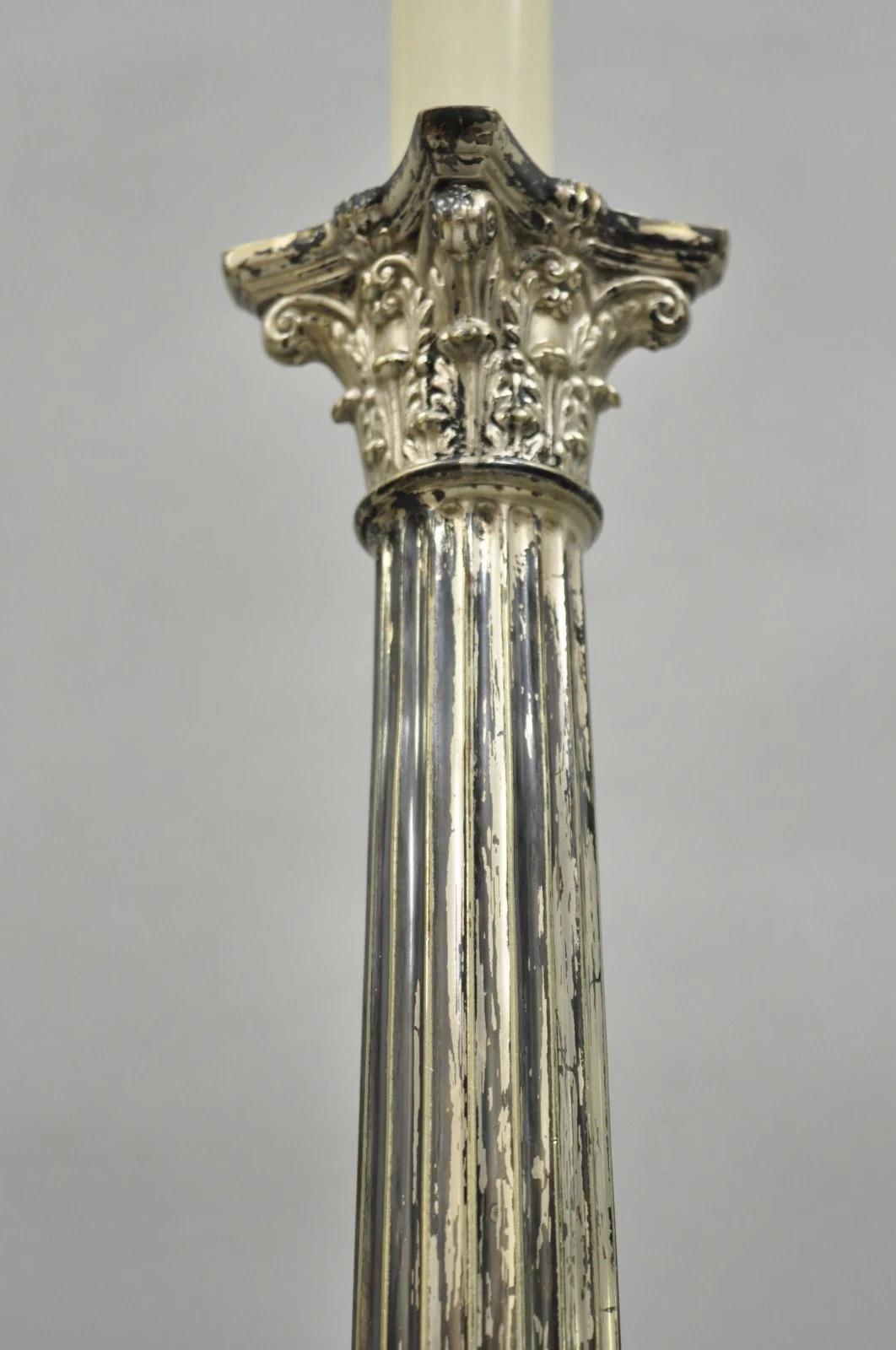 Antique French Empire Silver Plated Corinthian Column Candlestick Table Lamp For Sale 2