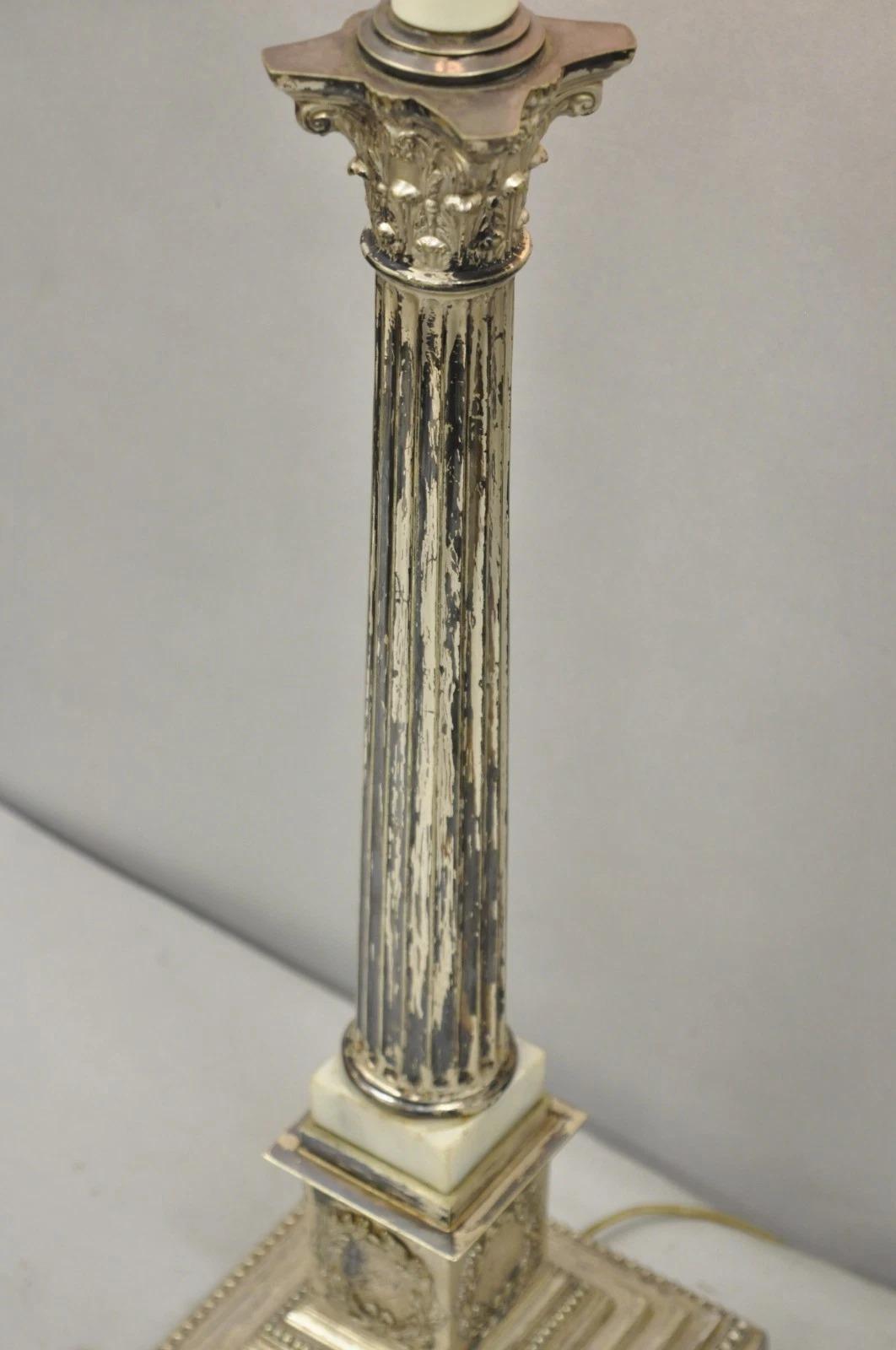Antique French Empire Silver Plated Corinthian Column Candlestick Table Lamp For Sale 4