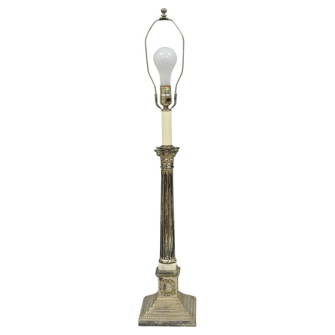 Antique French Empire Silver Plated Corinthian Column Candlestick Table Lamp For Sale