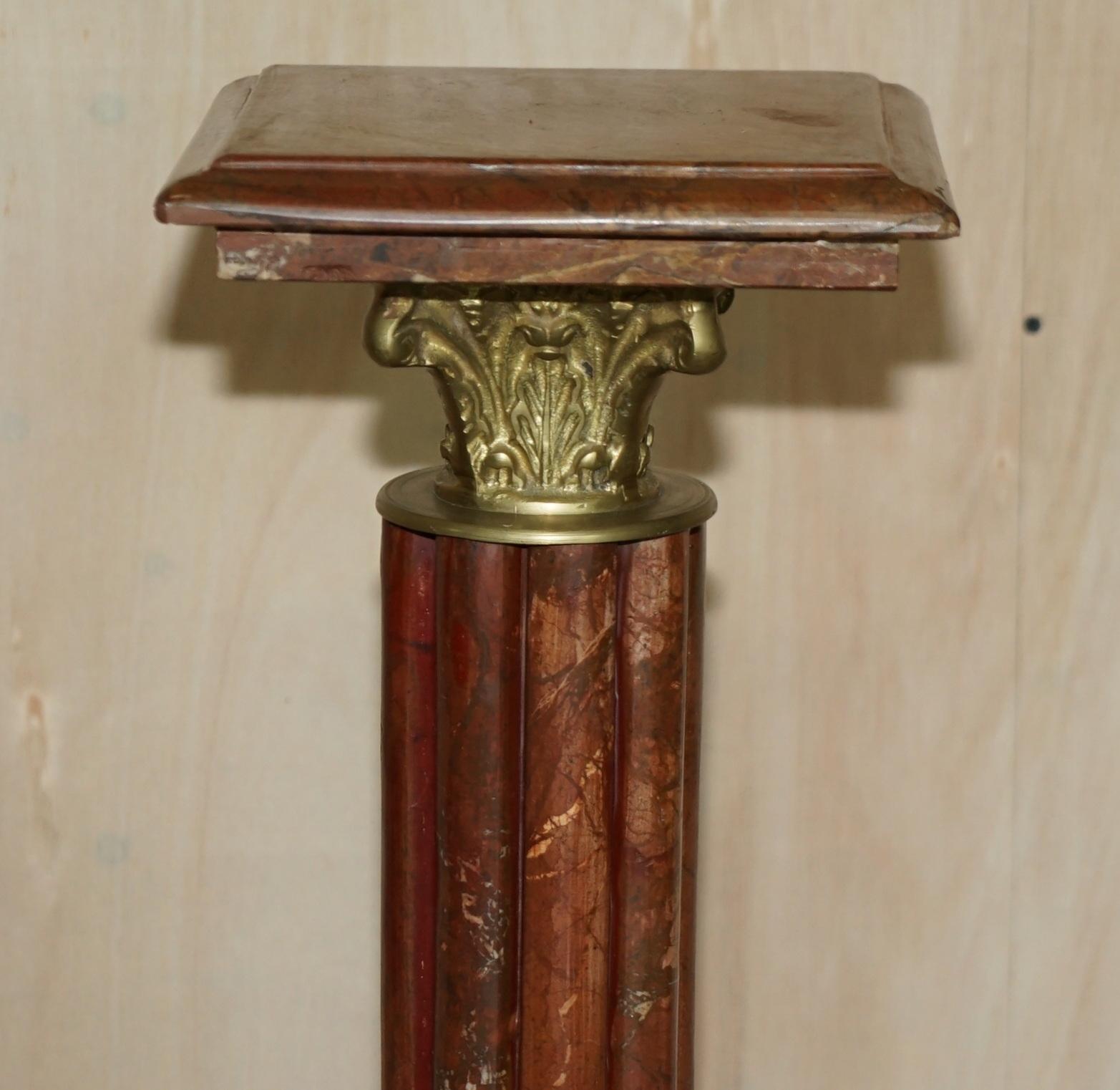 French Provincial Antique French Empire Solid Marble with Brass Accents Corinthian Pillar Stand For Sale