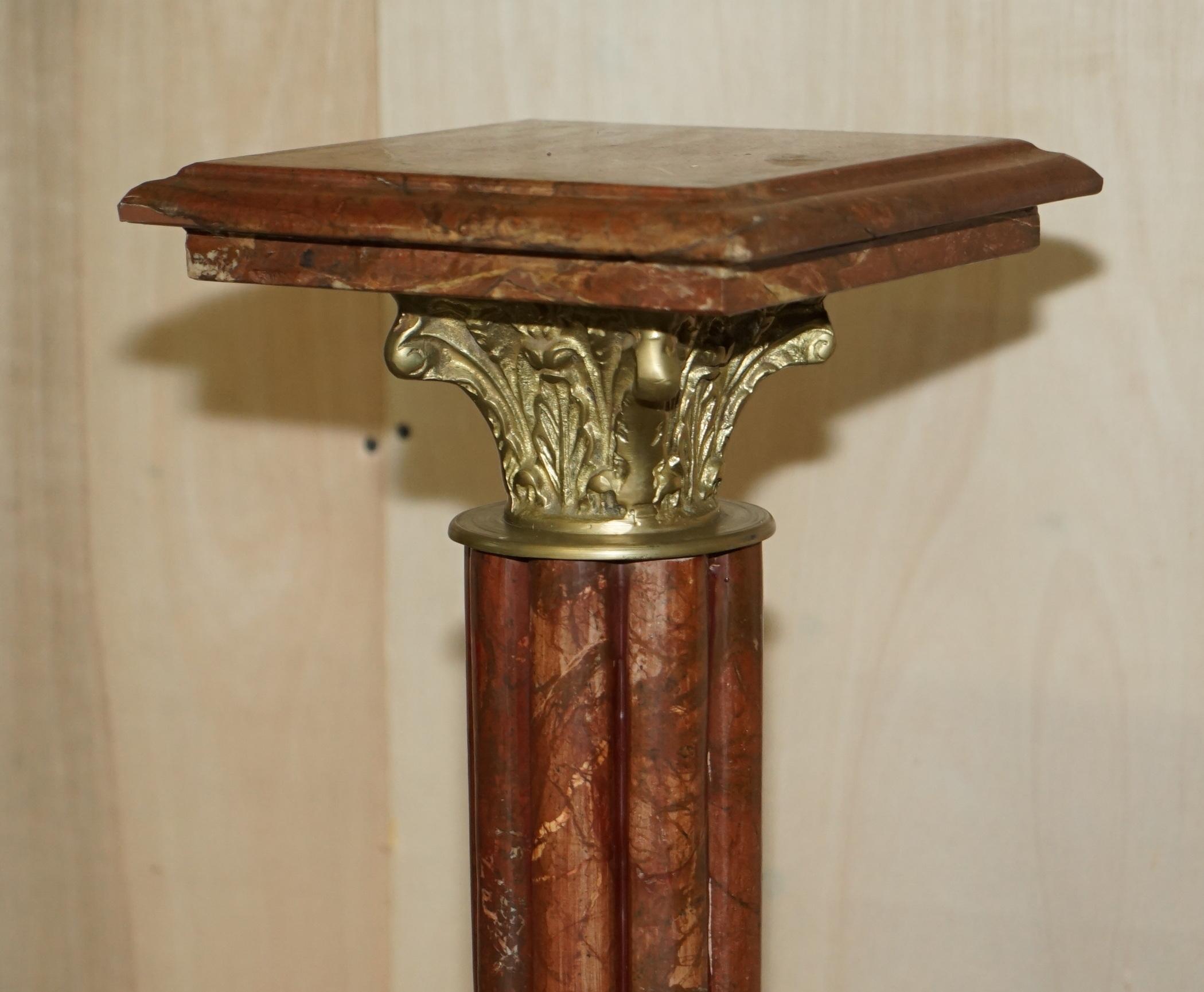 Hand-Crafted Antique French Empire Solid Marble with Brass Accents Corinthian Pillar Stand For Sale