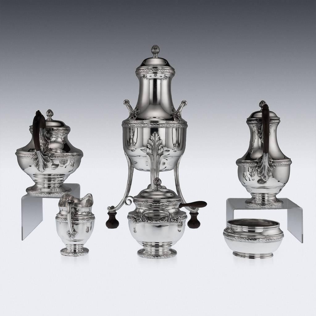 Antique late 19th century French Empire style exceptional solid silver six piece tea service, consisting of a hot water urn with removable burner, coffee pot, teapot, lidded sugar bowl, waist bowl and cream jug, all on inverted domed bases, the body