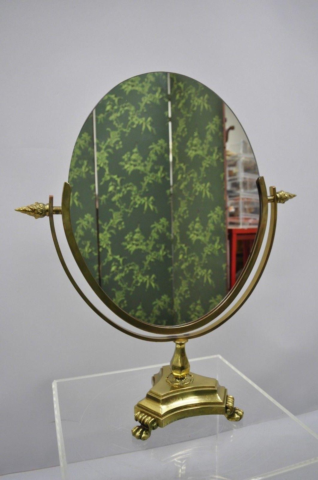 Ancien miroir de coiffeuse ovale de style Empire français à pieds en laiton et à double miroir en vente 4