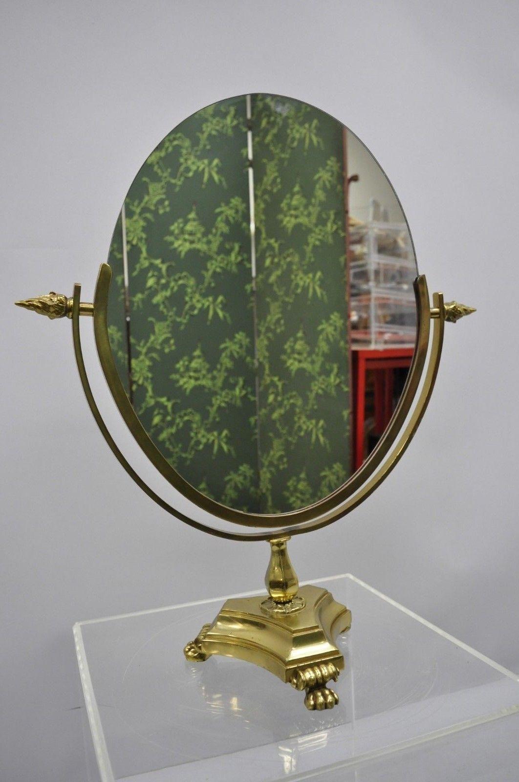 Français Ancien miroir de coiffeuse ovale de style Empire français à pieds en laiton et à double miroir en vente