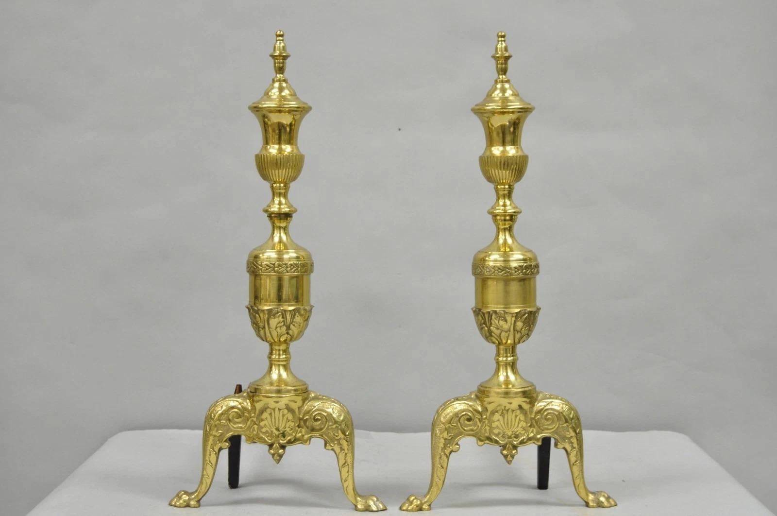 Antique French Empire Style Brass Paw Foot Column Cast Iron Andirons - a Pair For Sale 7