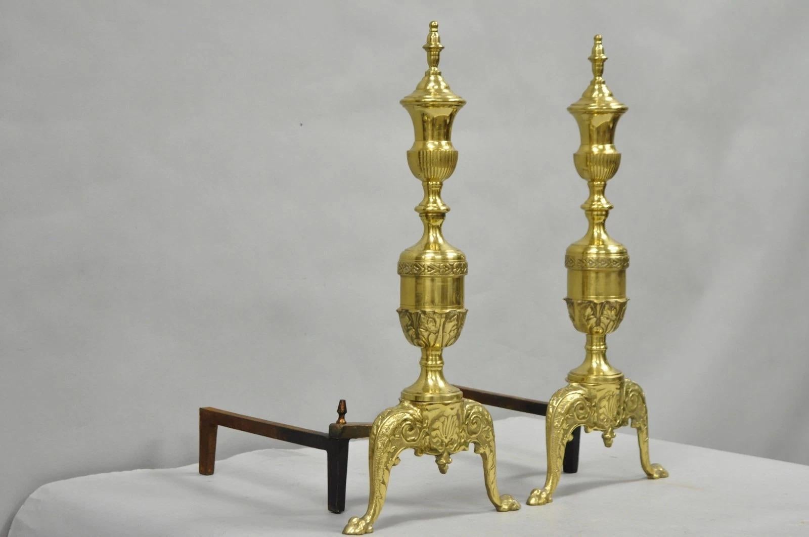 Antique French Empire Style Brass Paw Foot Column Cast Iron Andirons - a Pair. Circa Early 20th Century. Measurements: 23