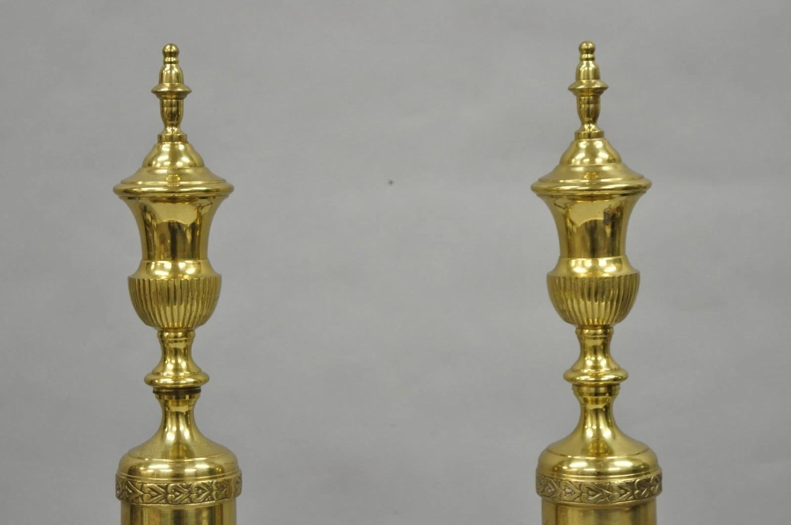Unknown Antique French Empire Style Brass Paw Foot Column Cast Iron Andirons - a Pair For Sale