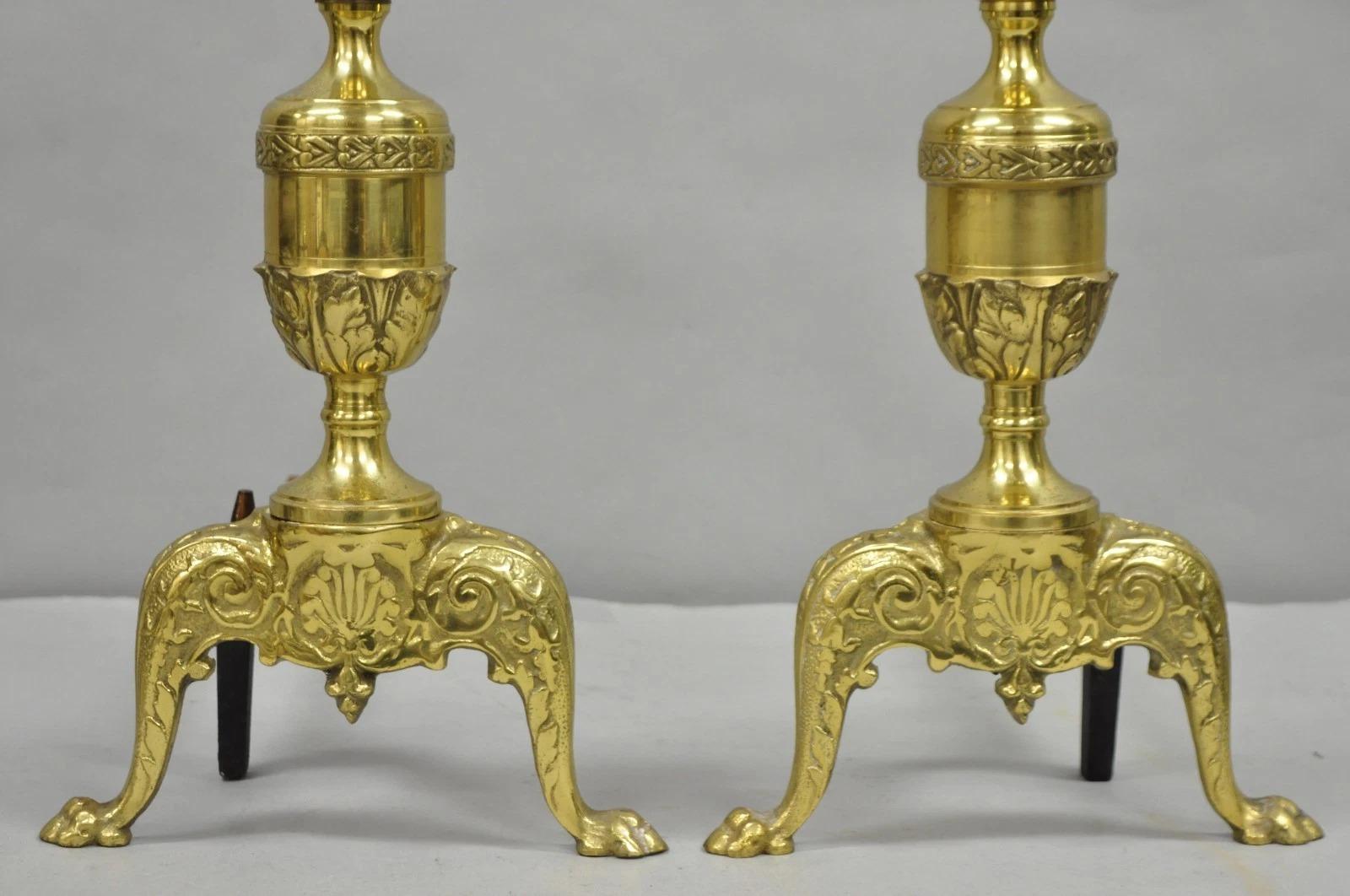 20th Century Antique French Empire Style Brass Paw Foot Column Cast Iron Andirons - a Pair For Sale