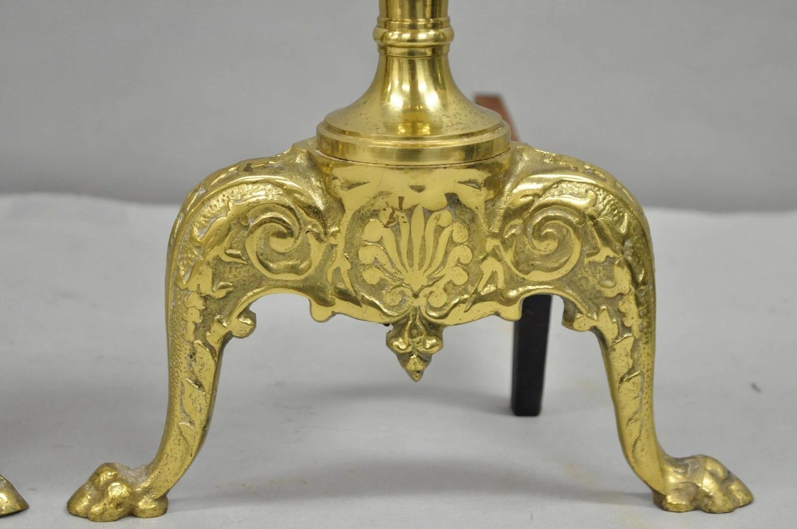 Antique French Empire Style Brass Paw Foot Column Cast Iron Andirons - a Pair For Sale 1