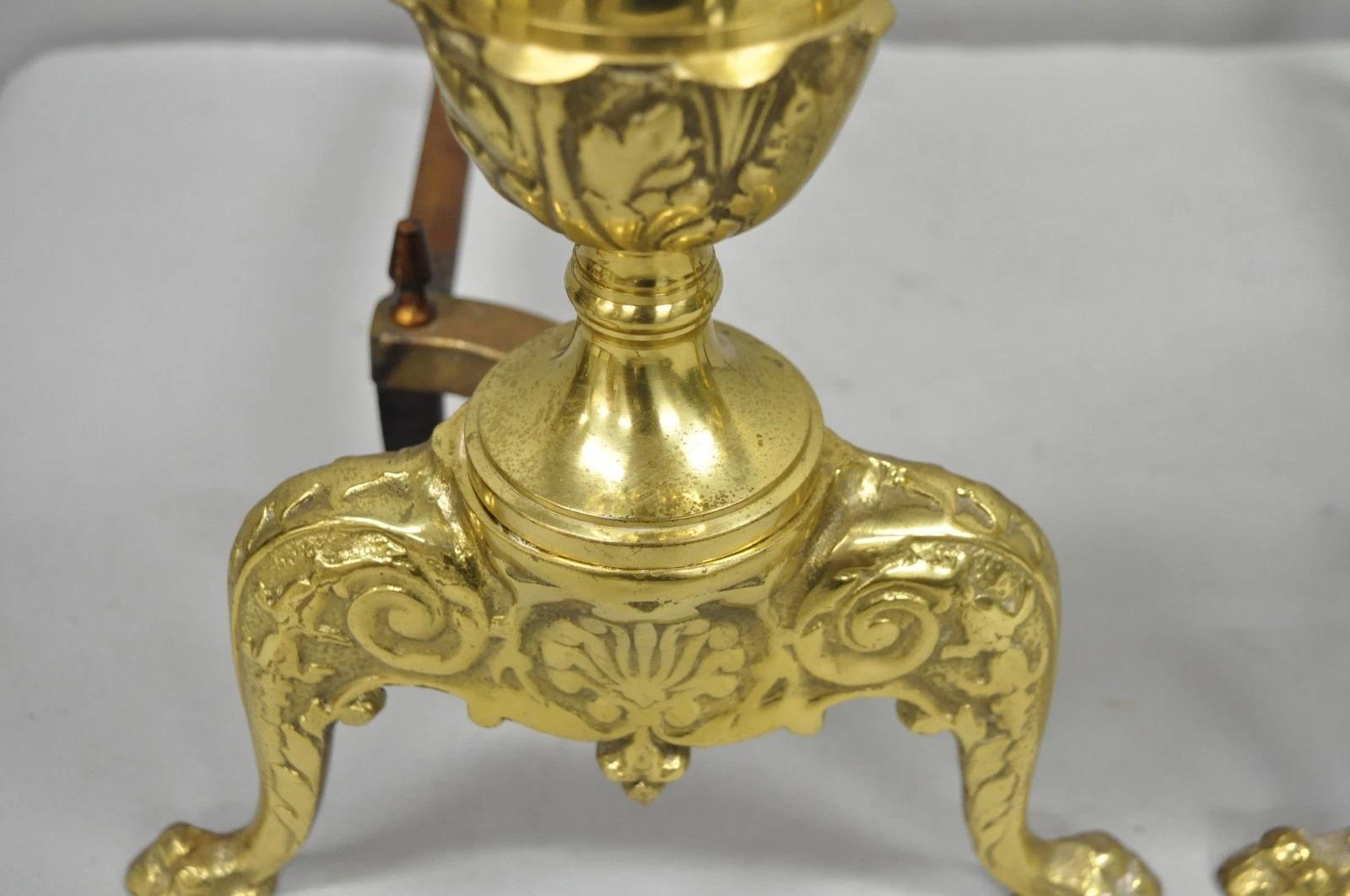 Antique French Empire Style Brass Paw Foot Column Cast Iron Andirons - a Pair For Sale 2
