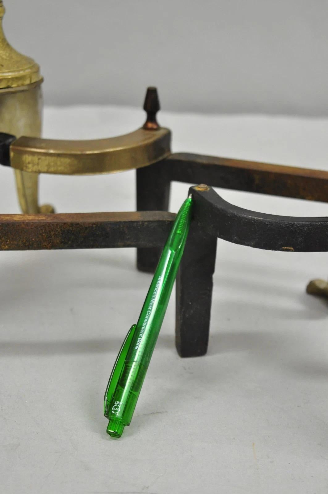 Antique French Empire Style Brass Paw Foot Column Cast Iron Andirons - a Pair For Sale 4