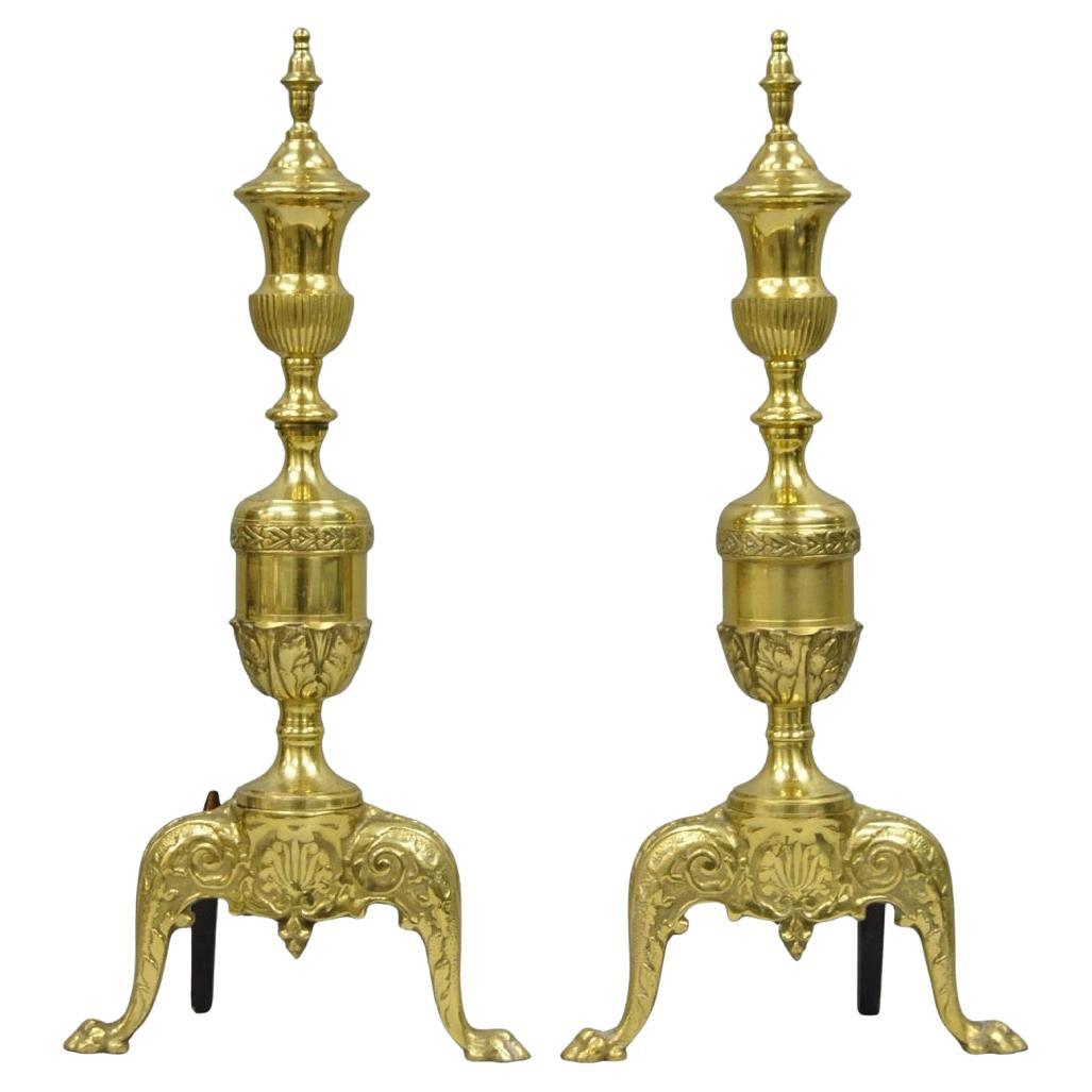 Antique French Empire Style Brass Paw Foot Column Cast Iron Andirons - a Pair For Sale