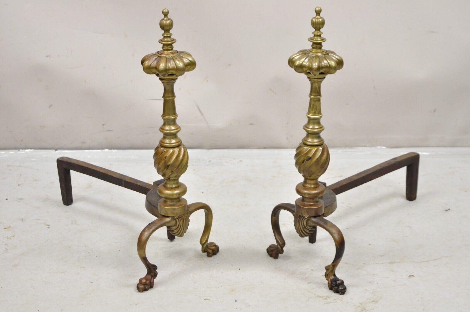 Antique French Empire Style Bronze Brass Spiral Column Andirons- a Pair. Circa 1900. Measurements: 20