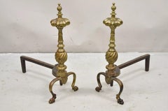 Antique French Empire Style Bronze Brass Spiral Column Andirons- a Pair