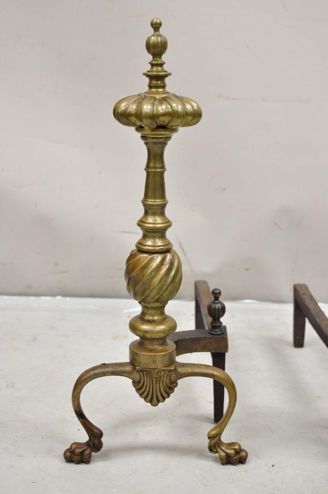 Cast Antique French Empire Style Bronze Brass Spiral Column Andirons- a Pair For Sale