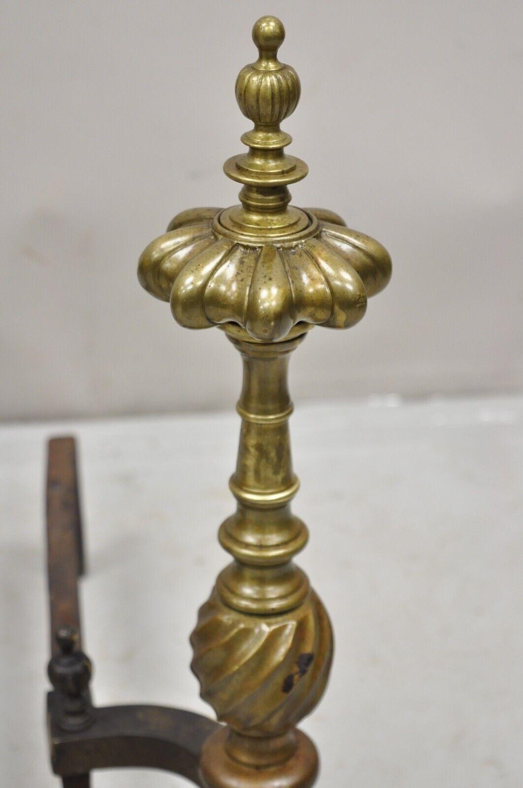 Early 20th Century Antique French Empire Style Bronze Brass Spiral Column Andirons- a Pair For Sale