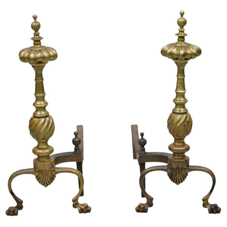 Antike französische Spiralsäulen-Feuerböcke aus Bronze und Messing im Empire-Stil, Paar