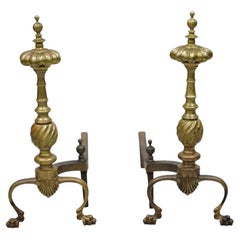 Antique French Empire Style Bronce Latón Columna Espiral Andirons- a Pair