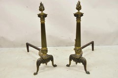 Andirons de cheminée en bronze à colonne et à fleur de flamme, de style Empire, Antique French - Paire