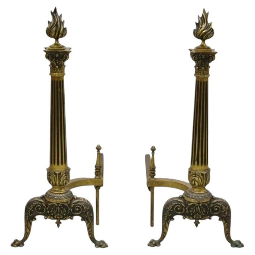 Antique French Empire Style Bronze Column Flame Finial Fireplace Andirons - Coppia