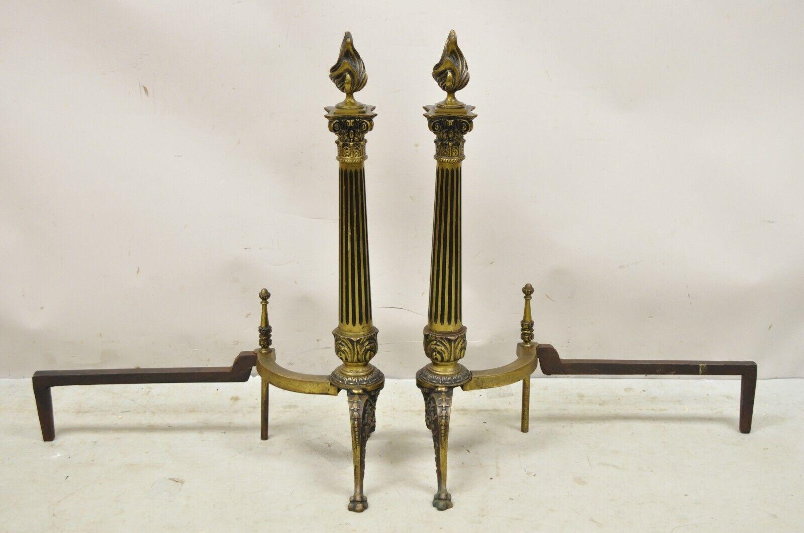 Antique French Empire Style Bronze Column Form Flame Finial Andirons - a Pair For Sale 6