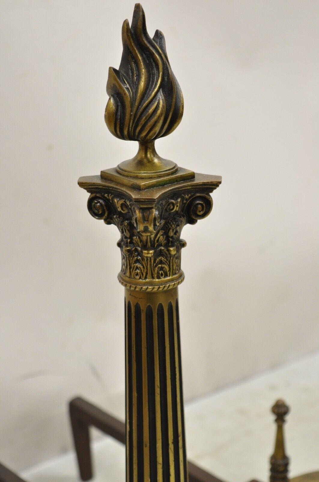 Early 20th Century Antique French Empire Style Bronze Column Form Flame Finial Andirons - a Pair For Sale