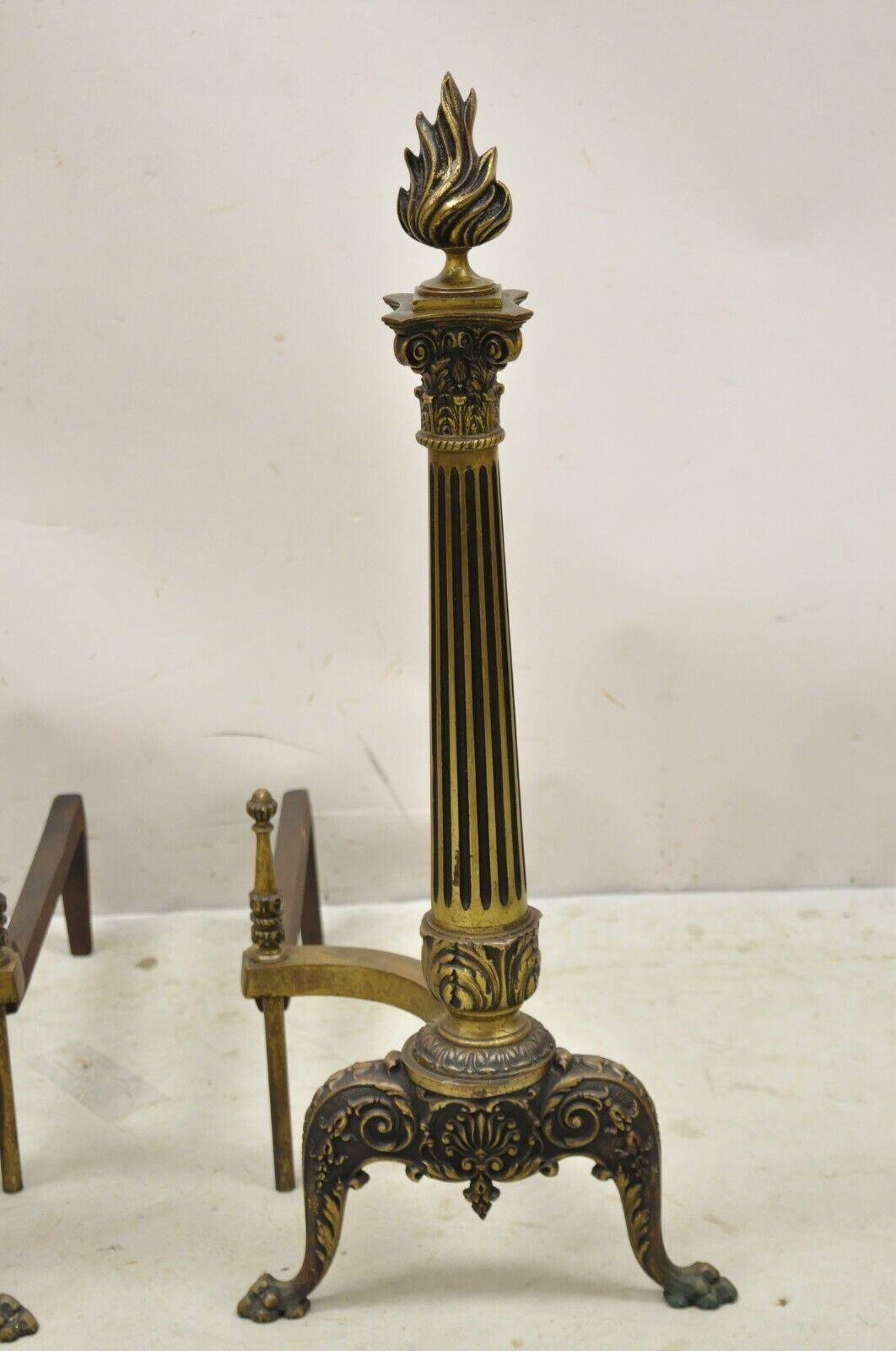 Antique French Empire Style Bronze Column Form Flame Finial Andirons - a Pair For Sale 2