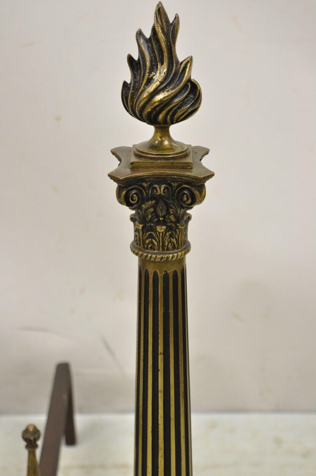 Antique French Empire Style Bronze Column Form Flame Finial Andirons - a Pair For Sale 3