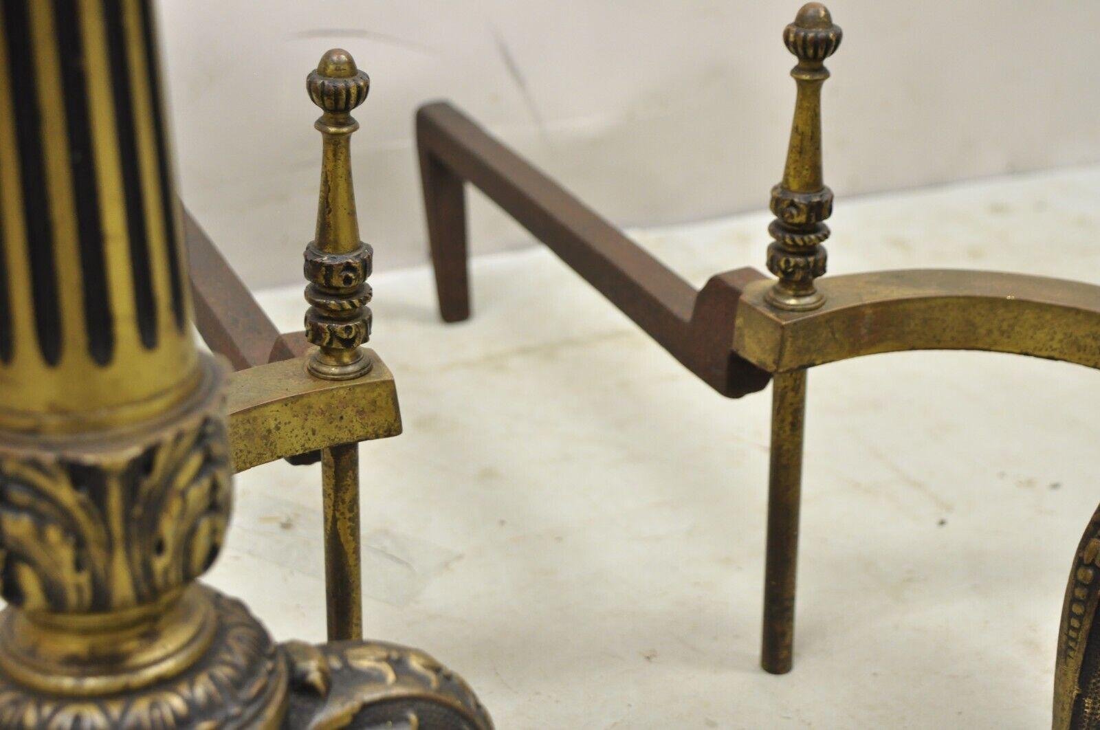 Antique French Empire Style Bronze Column Form Flame Finial Andirons - a Pair For Sale 5