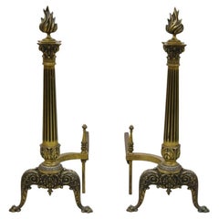 Antique French Empire Style Bronze Column Form Flame Finial Andirons - a Pair