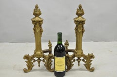 Antique French Empire Style Bronze Corinthian Column Fireplace Andirons - a Pair