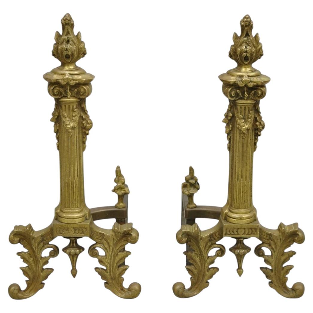 Antique French Empire Style Bronze Corinthian Column Fireplace Andirons - a Pair