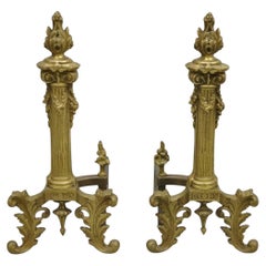 Antique French Empire Style Bronze Corinthian Column Fireplace Andirons - a Pair
