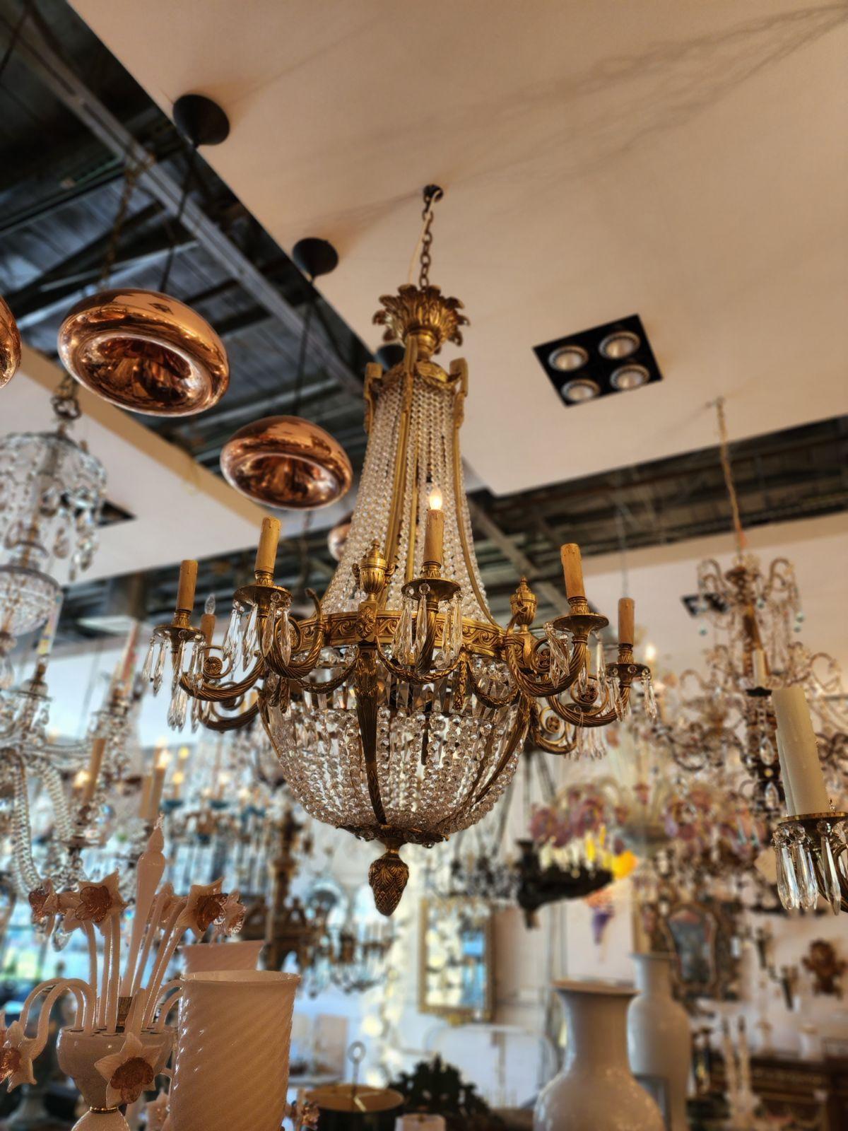 Antique French Empire Style Bronze & Crystal Chandelier  For Sale 1