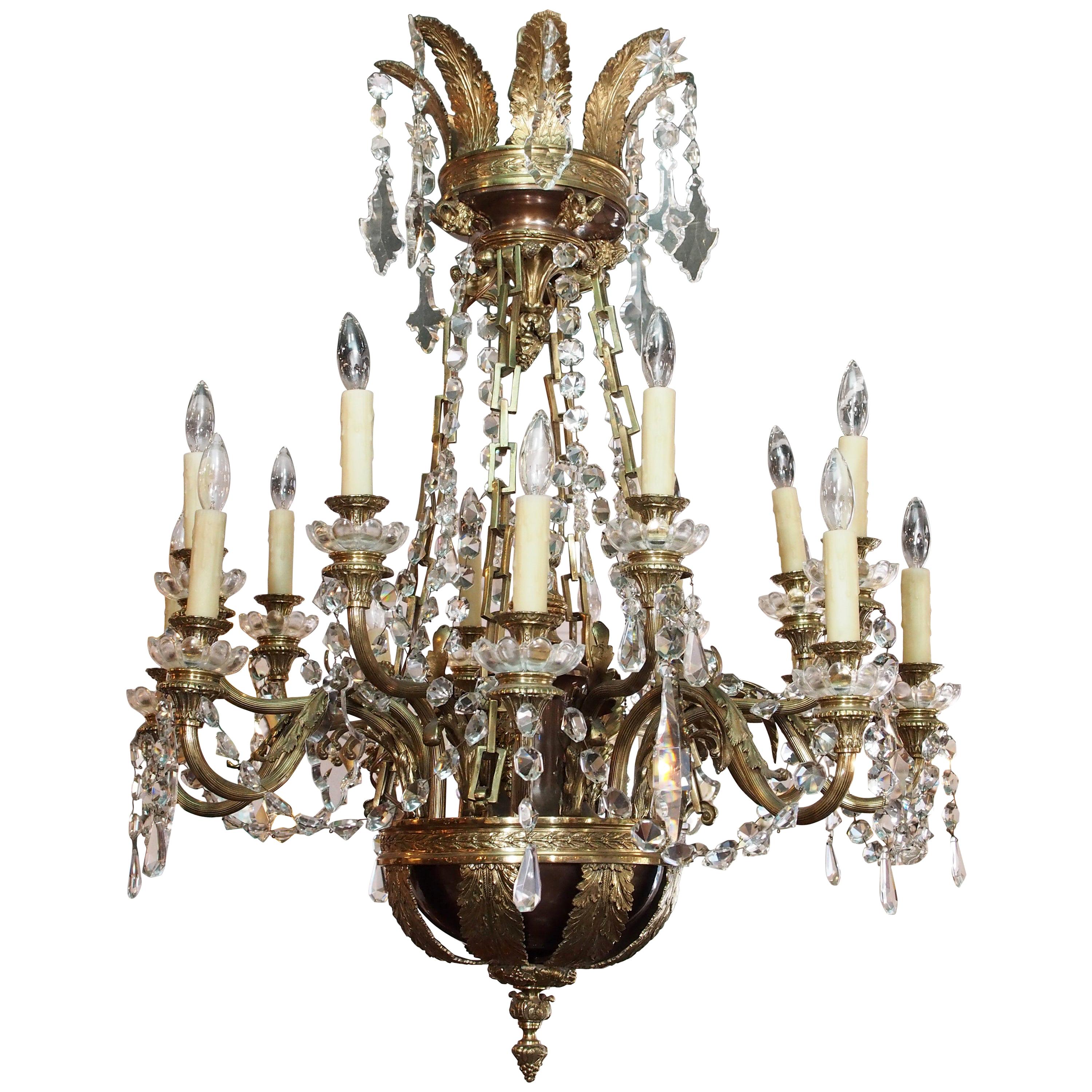 Antique French Empire Style Bronze Doré and Crystal Eighteen-Light Chandelier For Sale