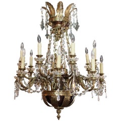 Antique French Empire Style Bronze Doré and Crystal Eighteen-Light Chandelier