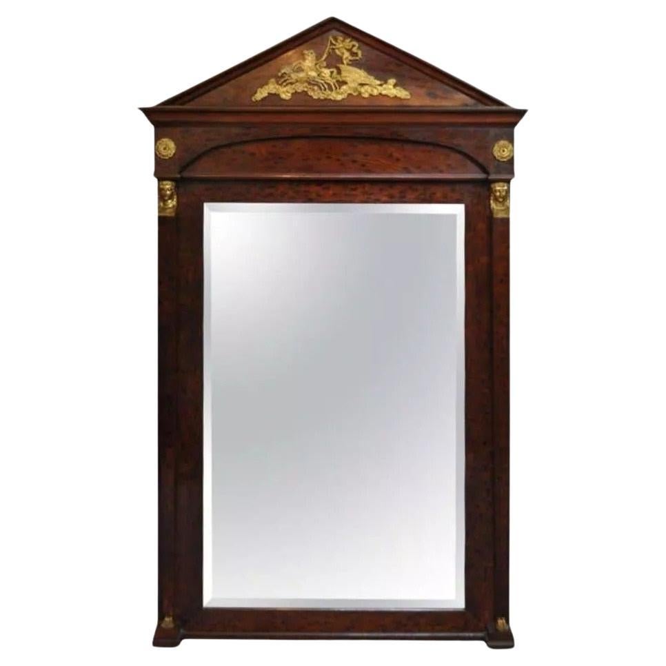 Grand miroir de pilier Trumeau de style Empire français en bronze, bronze doré et ronce de bois