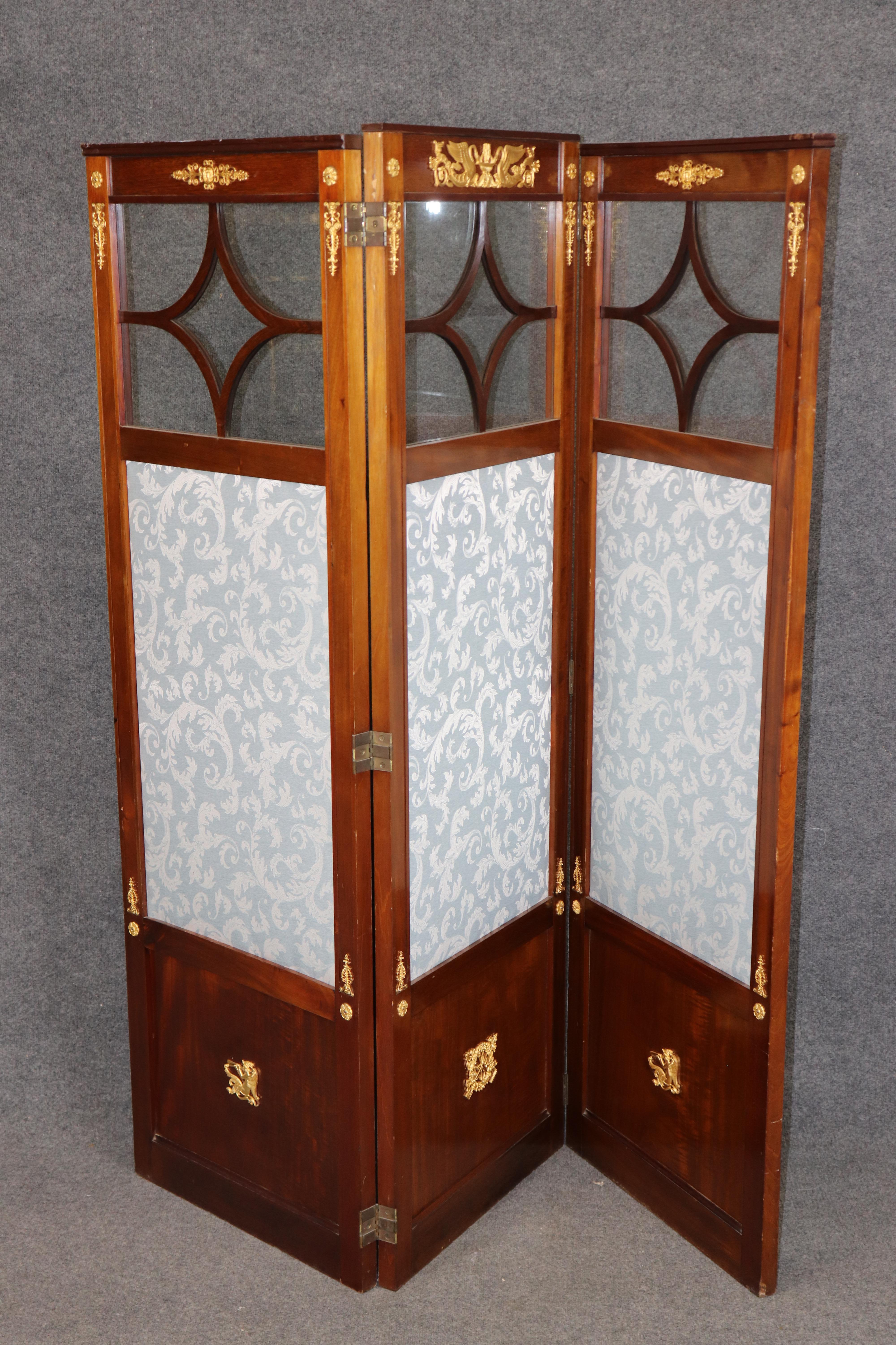 Français Antique French Empire Style Bronze Ormolu Mounted 3 Panel Screen by Krieger en vente
