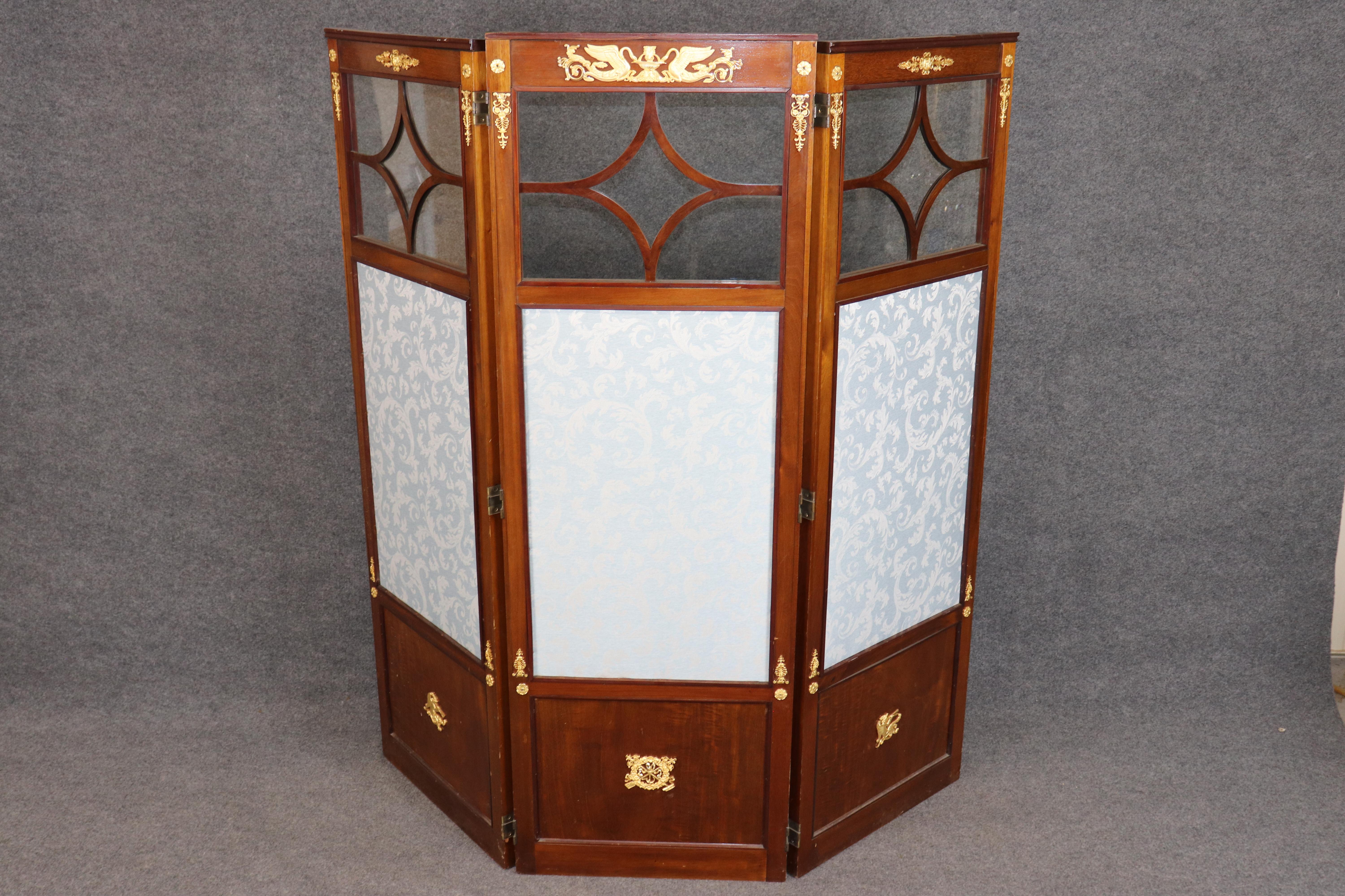 Doré Antique French Empire Style Bronze Ormolu Mounted 3 Panel Screen by Krieger en vente