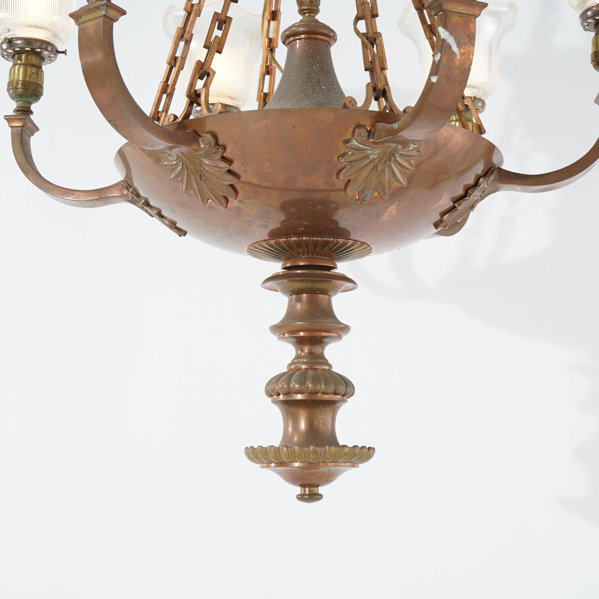 Antique French Empire Style Bronze Six Light Hanging Pan Light Fixture c1920 9