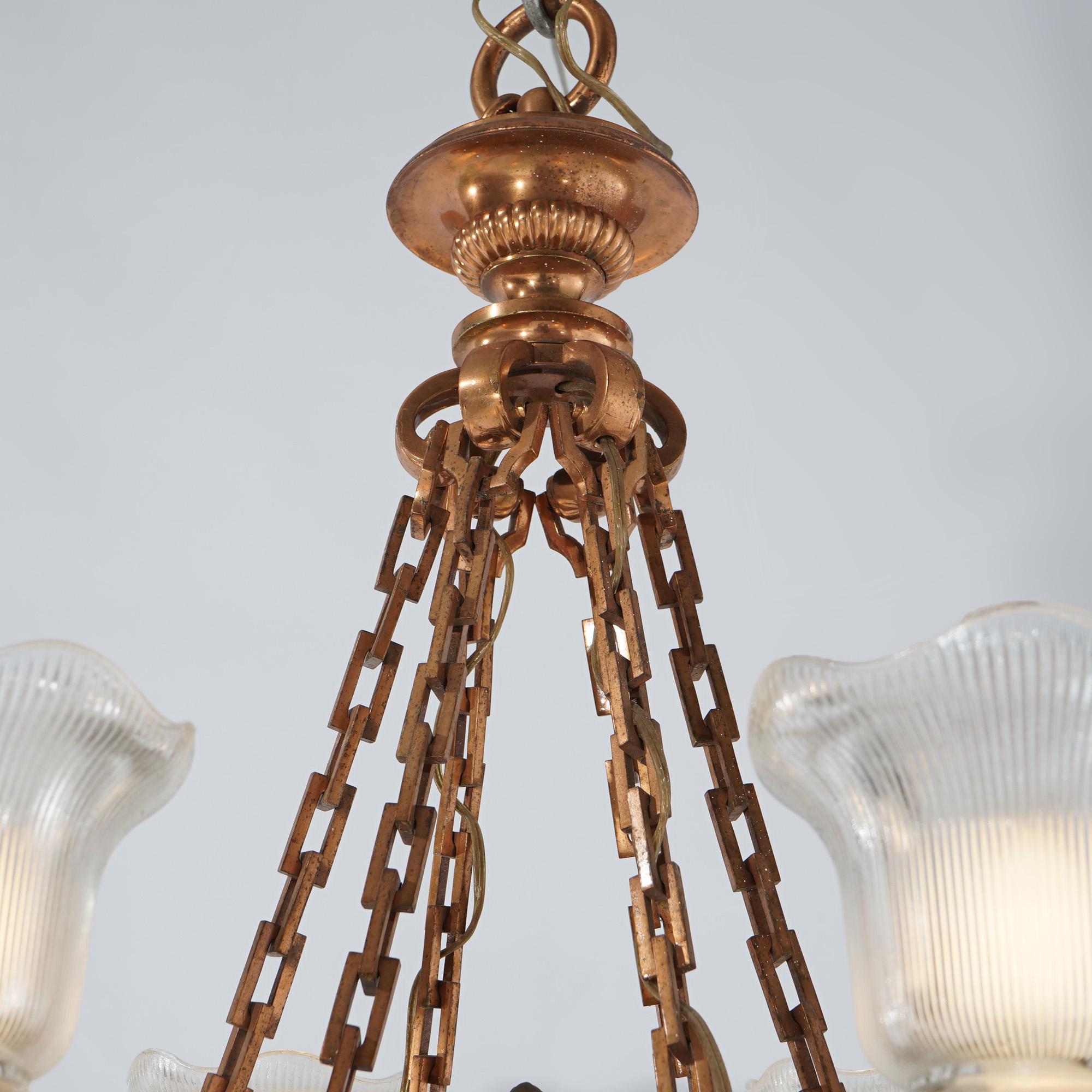Antique French Empire Style Bronze Six Light Hanging Pan Light Fixture c1920 In Good Condition In Big Flats, NY