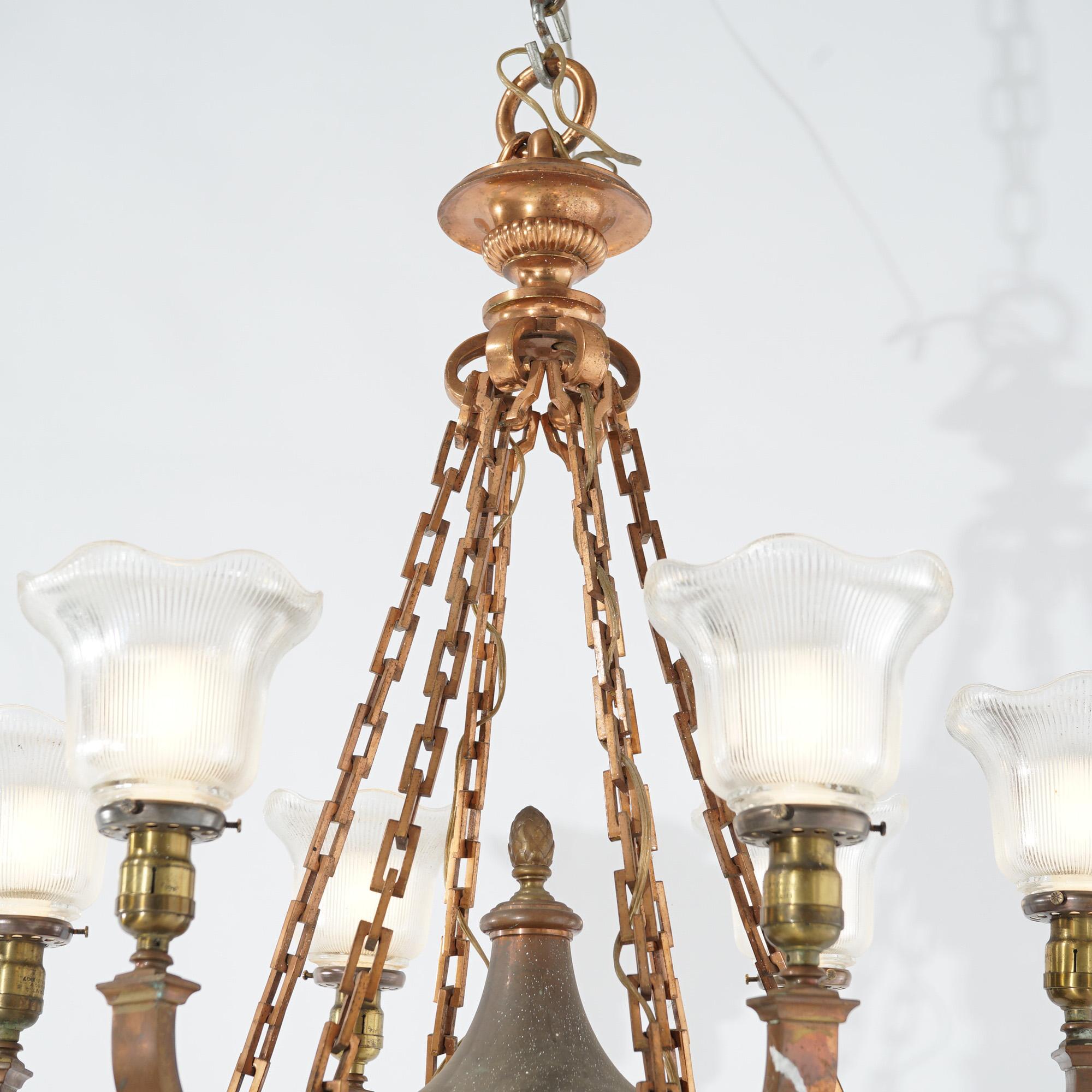 Antique French Empire Style Bronze Six Light Hanging Pan Light Fixture c1920 3