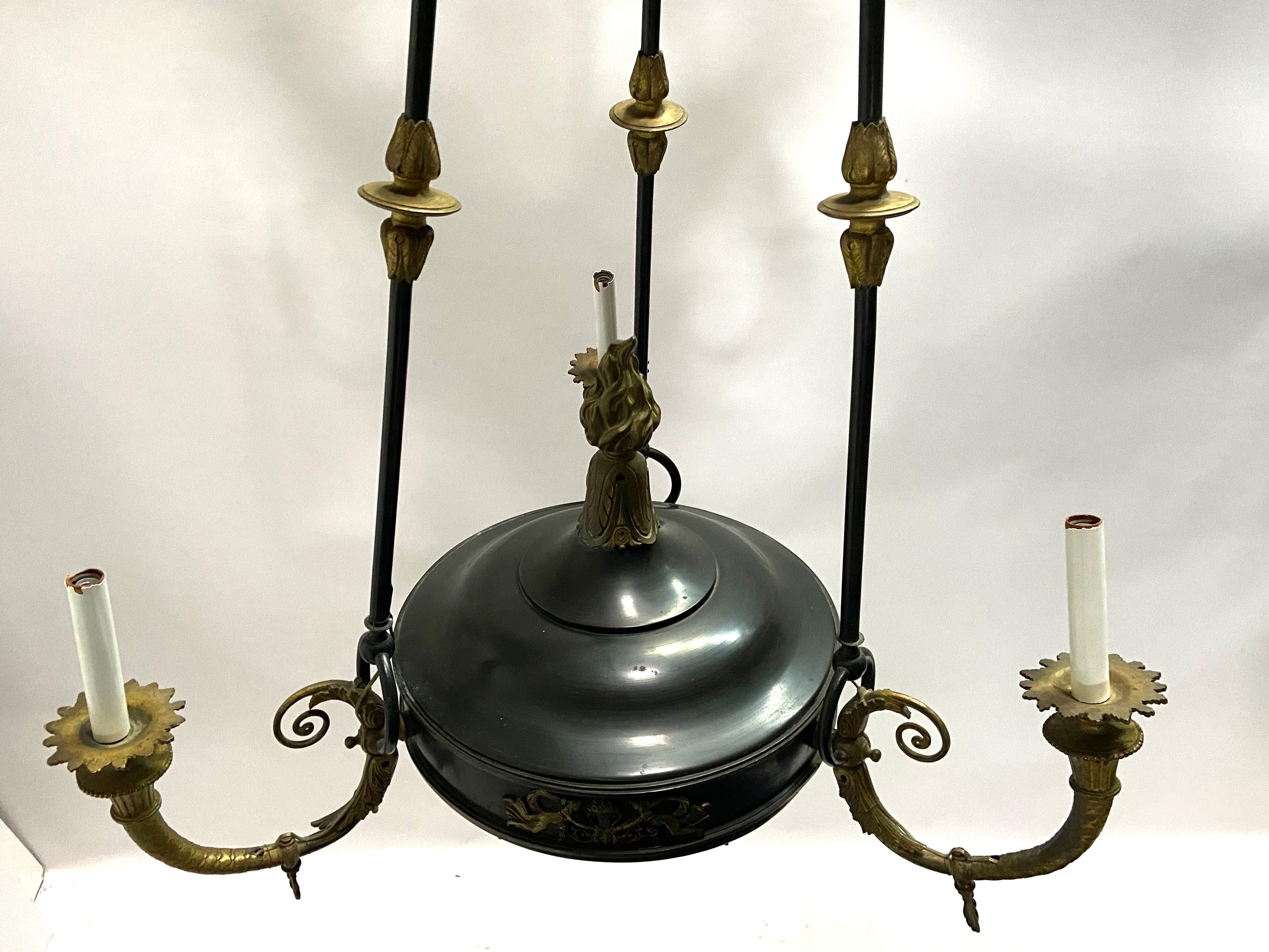 Antique French Empire Style Bronze Three Arm Large Chandelier For Sale 4