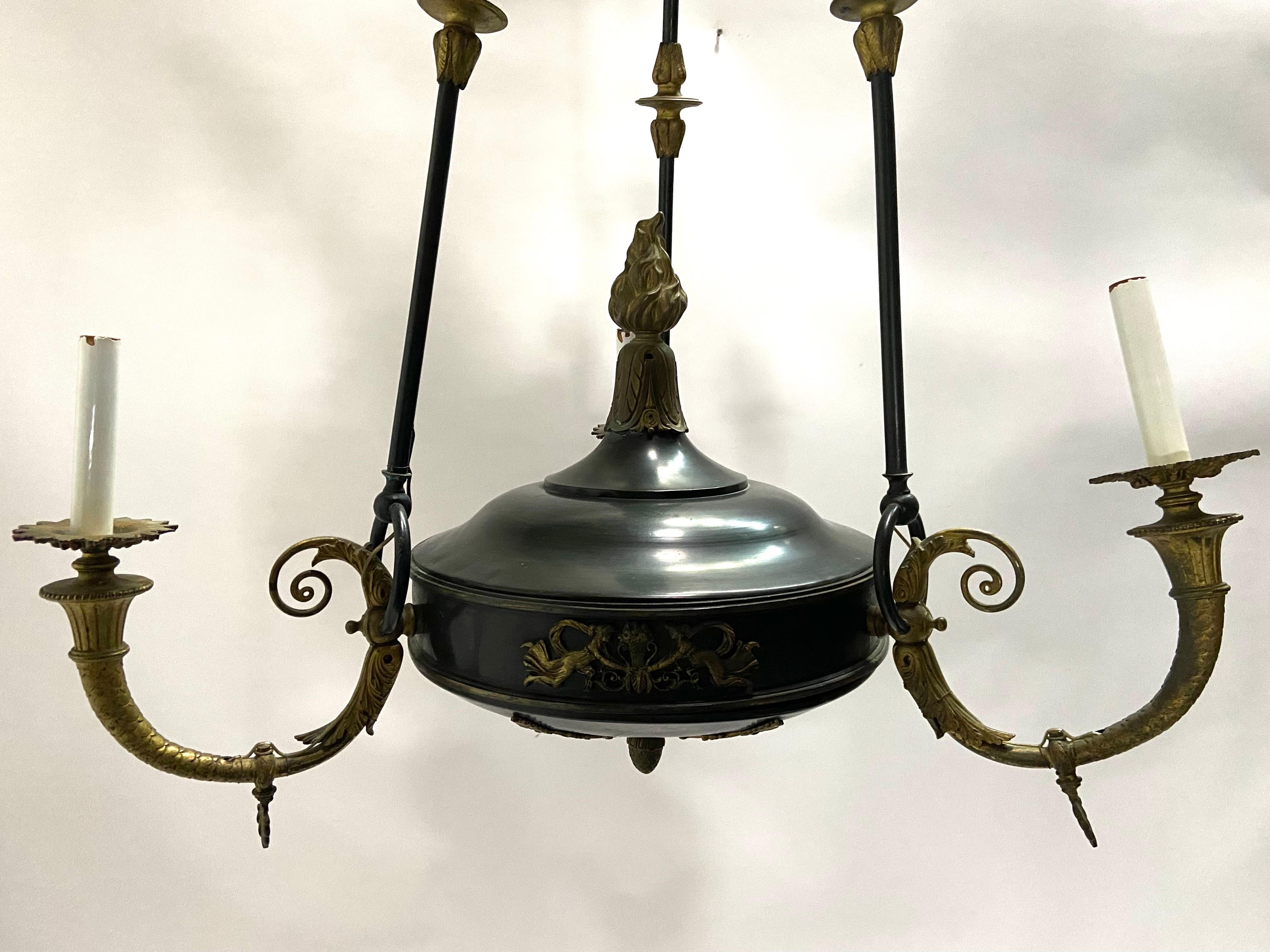 Antique French Empire Style Bronze Three Arm Large Chandelier For Sale 5