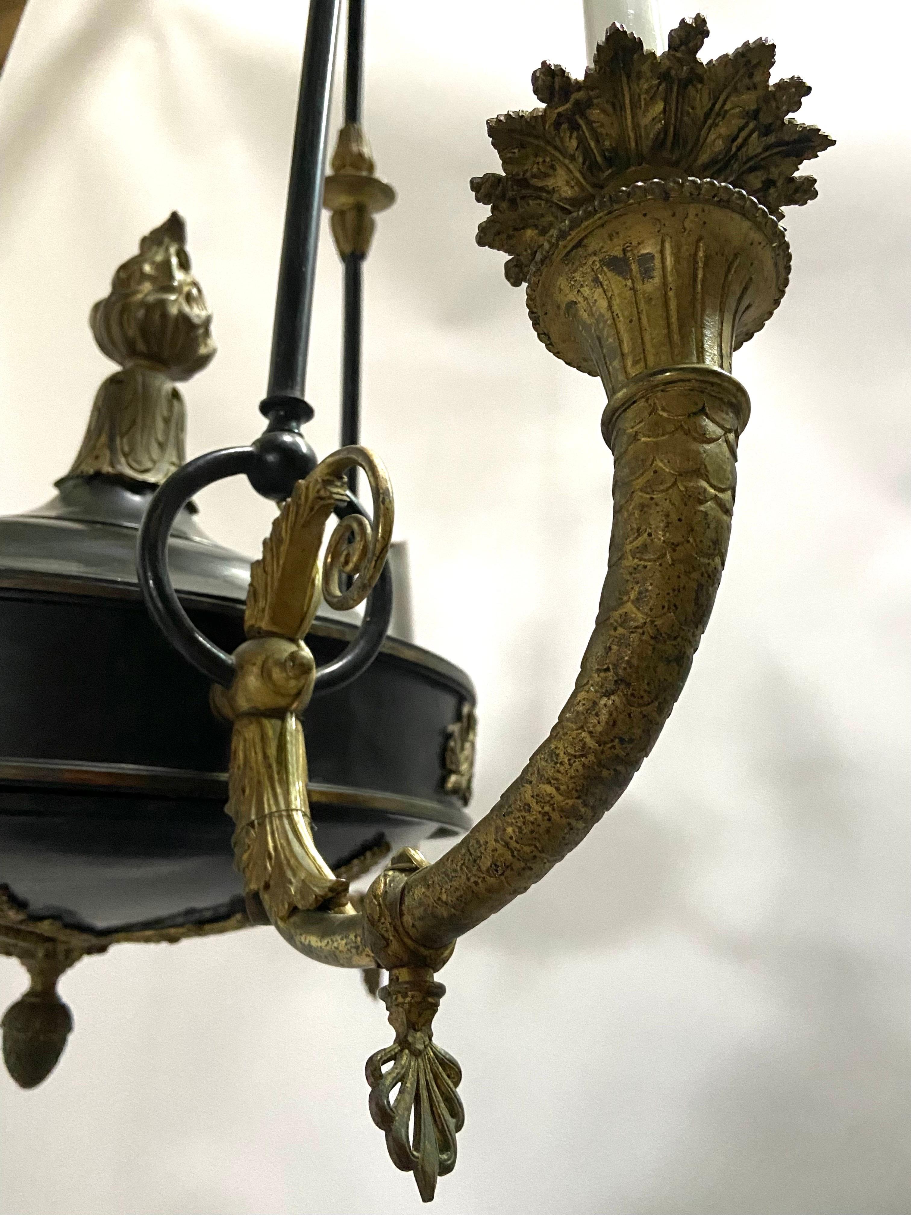 Early 20th Century Antique French Empire Style Bronze Three Arm Large Chandelier For Sale