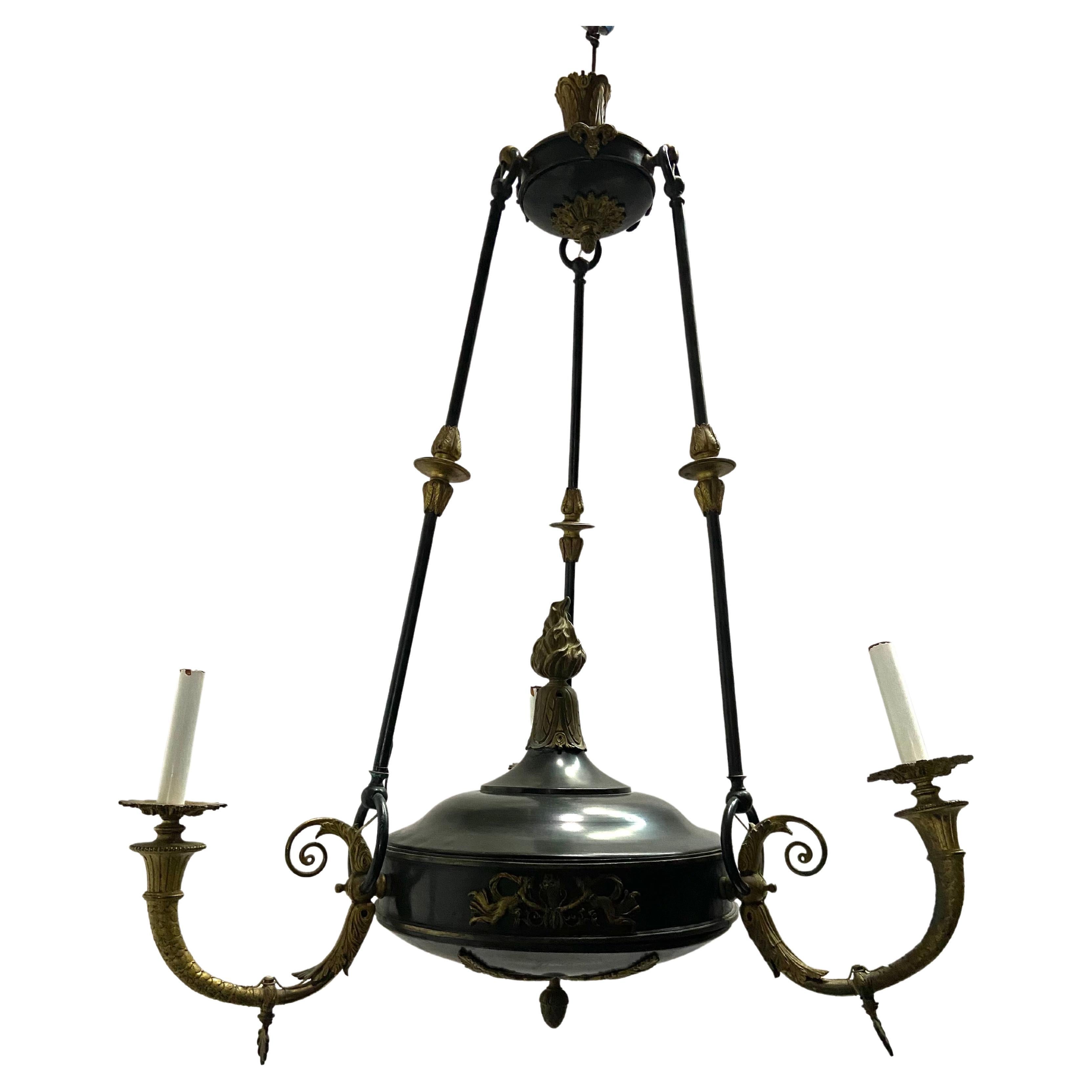 Antique French Empire Style Bronze Three Arm Large Chandelier For Sale