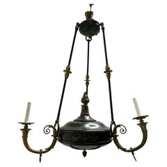 Antique French Empire Style Bronze Three Arm Large Chandelier